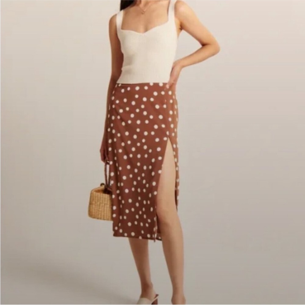 NWOT A&F Brown & White Polka Dot Midi Skirt with Slit